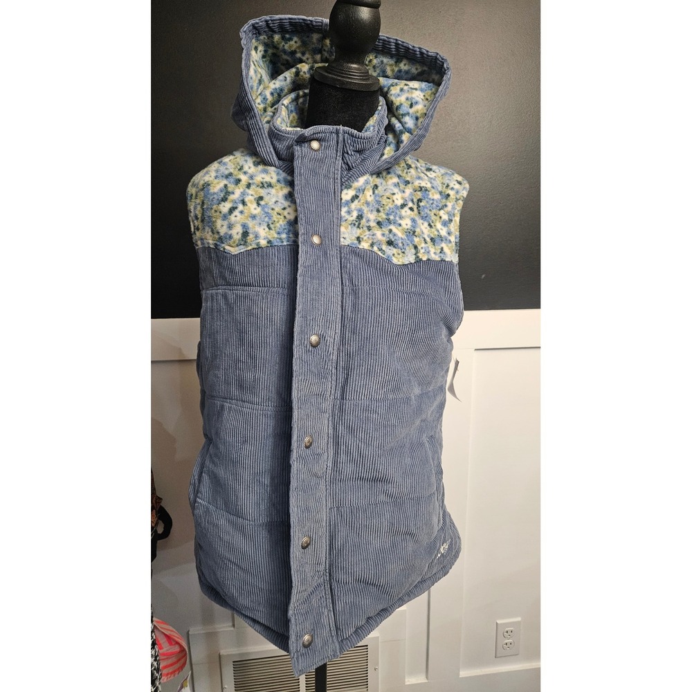 Cottagecore Womens Hooey Blue Corduroy Floral Fleece Hooded Puffer Vest Size M